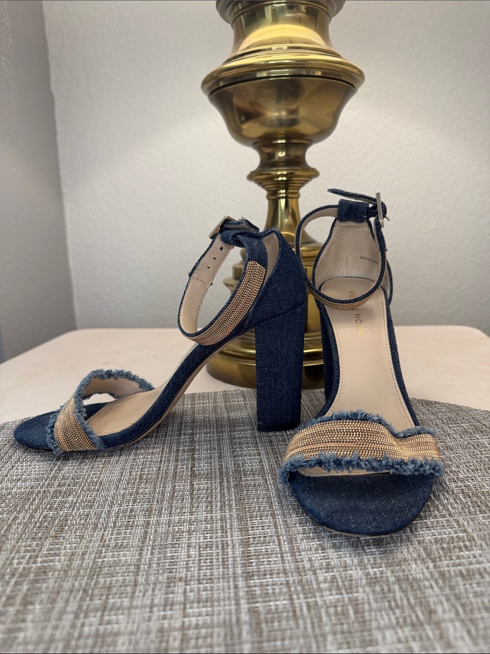 Denim Ankle-Strap Block Heel Sandals - Blue